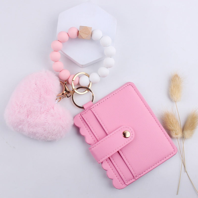 Heart Shape Fur Ball Card Holder Silicone Beaded