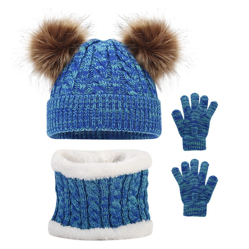 Wholesale Children's Winter Woolen Hat Double Ball Knitted Hat Scarf Gloves Set
