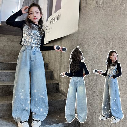 Wholesale Cotton Medium To Large Children's Slimming Sequin Top Two-piece Set