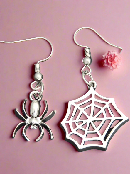 Silver Spider And Web Earrings