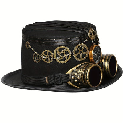 Unisex Steampunk Top Hat - Compass, Goggles, Detachable Gears