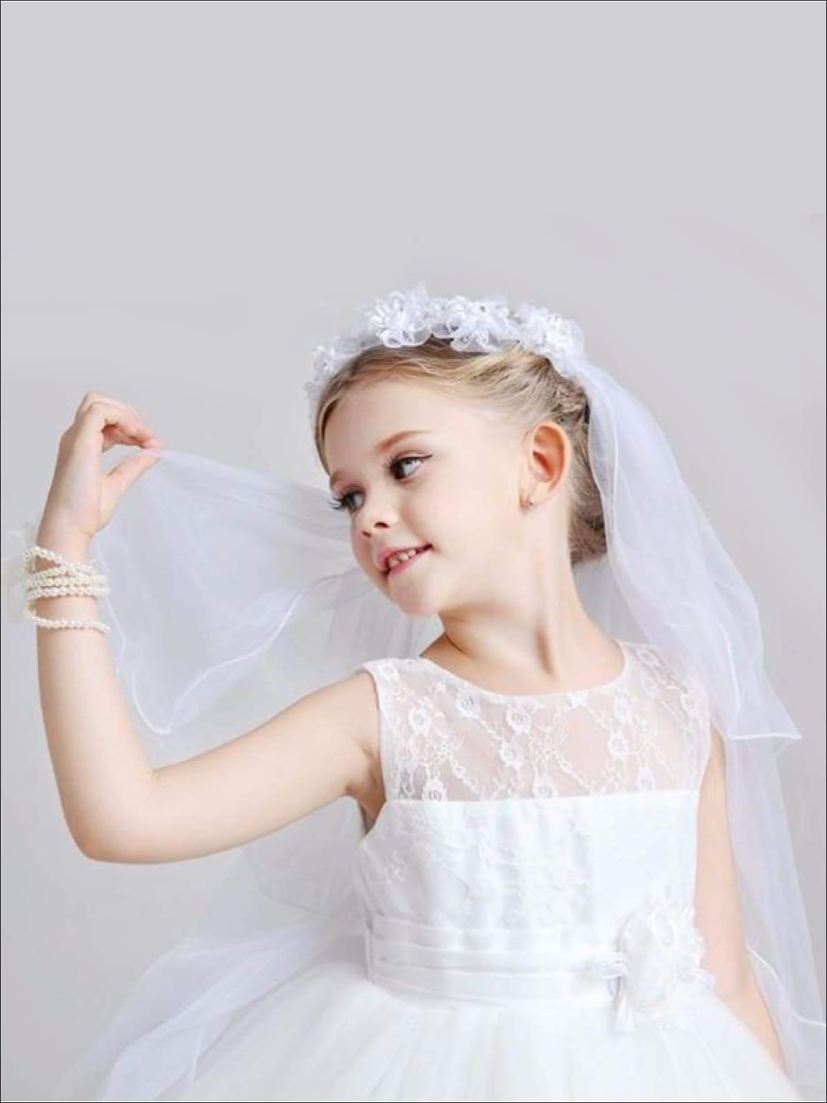 Girls Communion Floral Beaded Hairband and Tiered Veil