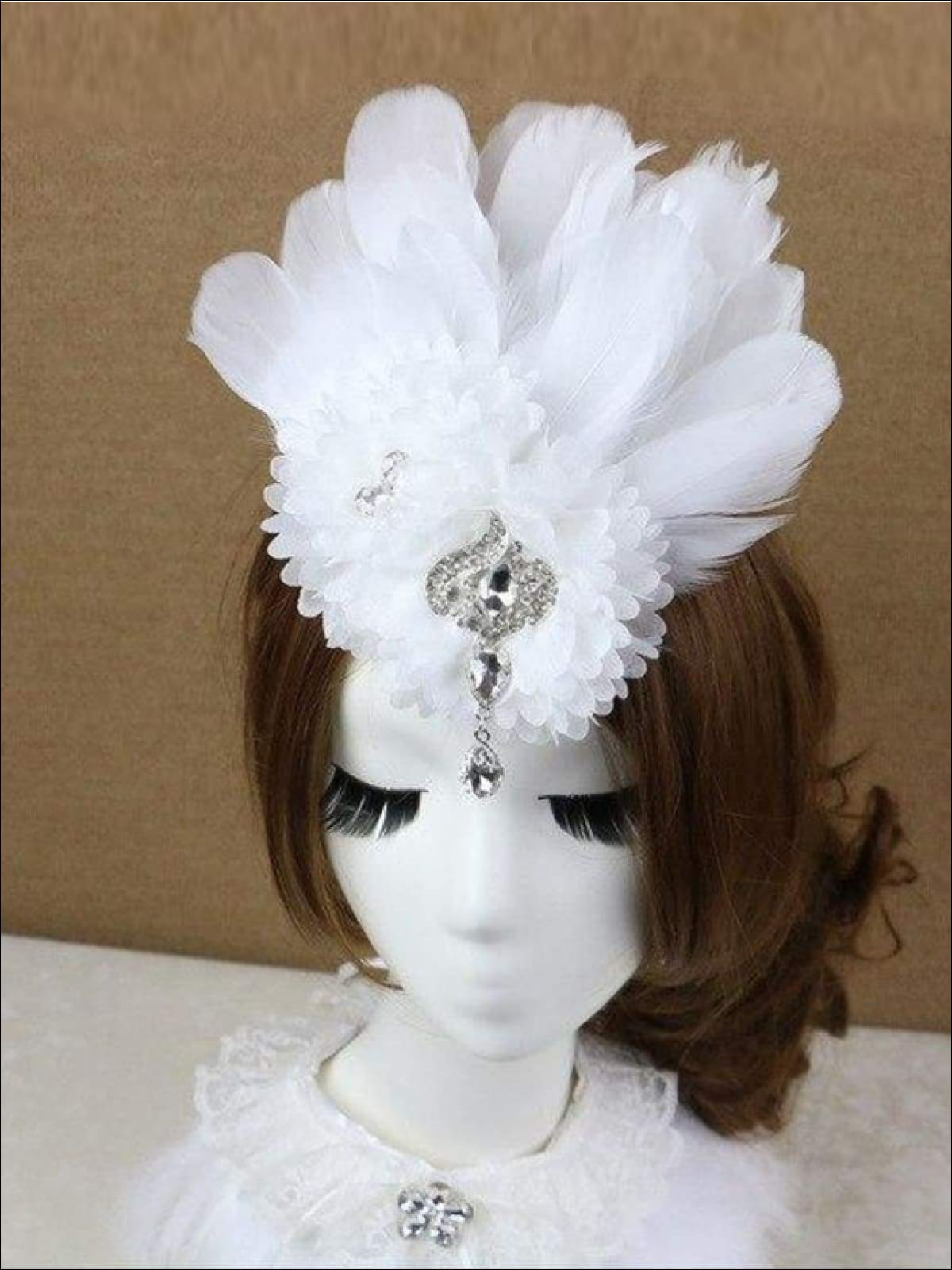 Girls Feather and Flower Rhinestone Applique Swan Headpiece