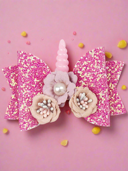 Girls Flower Unicorn Glitter Hair Bow