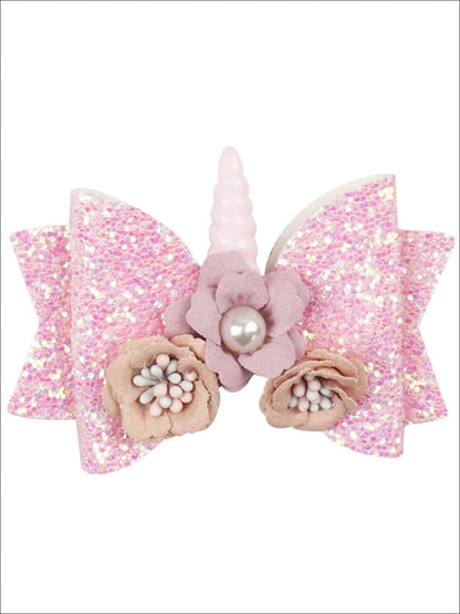 Girls Flower Unicorn Glitter Hair Bow