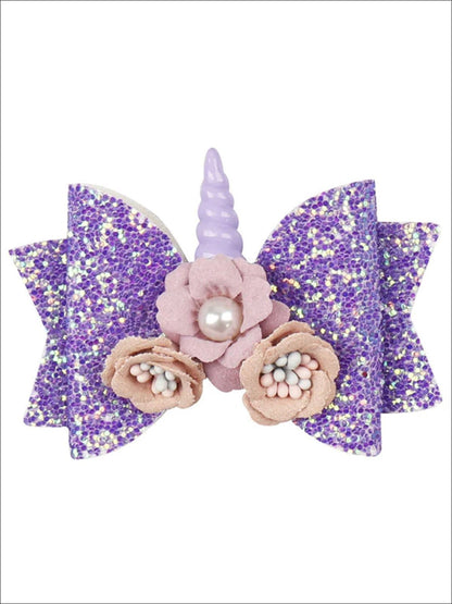 Girls Flower Unicorn Glitter Hair Bow