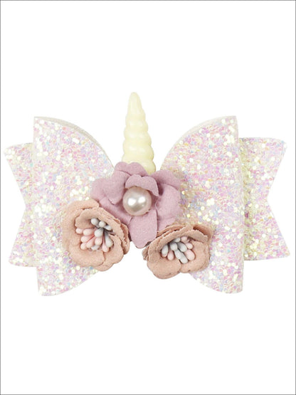 Girls Flower Unicorn Glitter Hair Bow