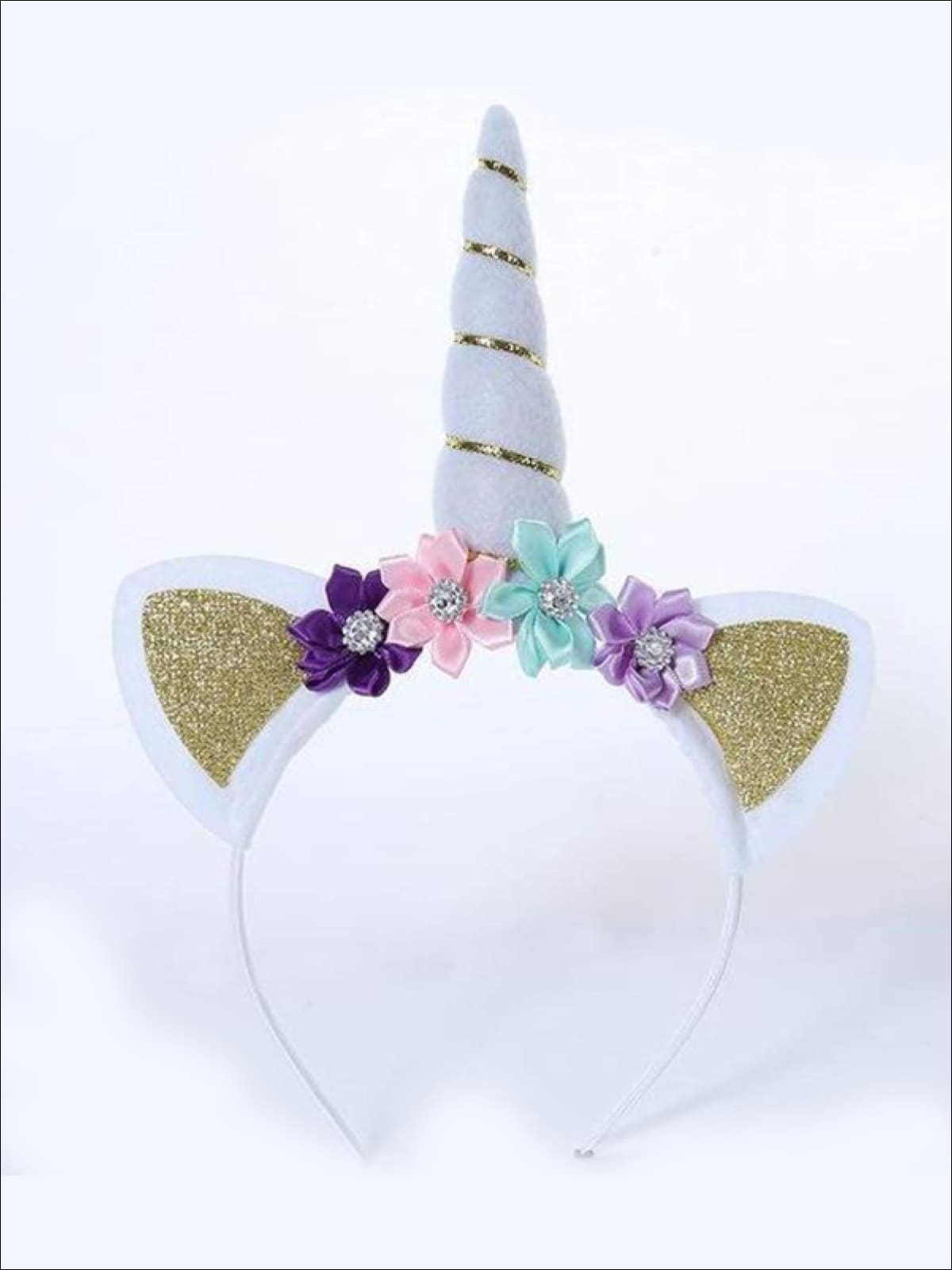 Girls Gold and Silver Glitter Flower Unicorn Headband
