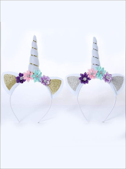 Girls Gold and Silver Glitter Flower Unicorn Headband