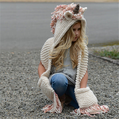 Girls Knitted Unicorn Winter Hat Hooded Scarf
