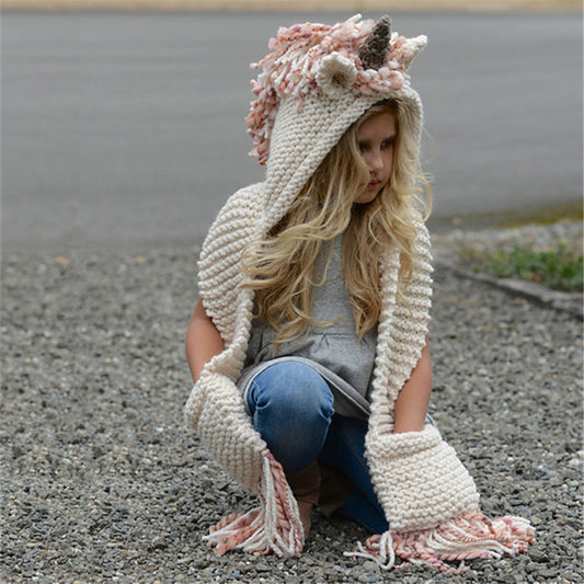 Girls Knitted Unicorn Winter Hat Hooded Scarf