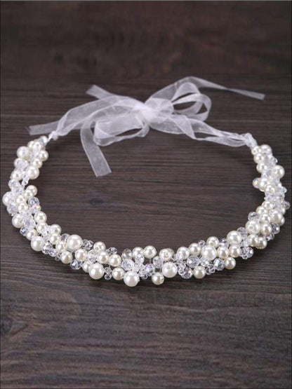 Girls Pearl Clear Crystal Beaded Headband