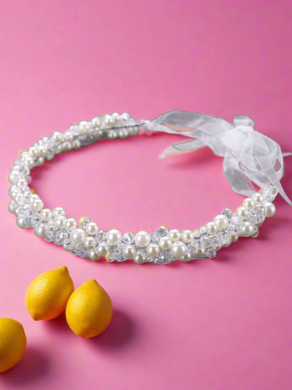 Girls Pearl Clear Crystal Beaded Headband