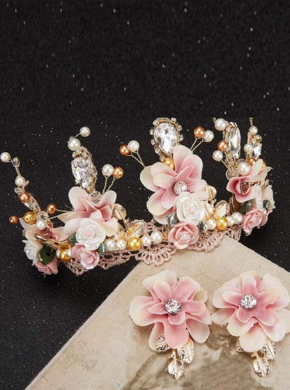 Girls Pink and Creme Flower, Crystal, And Pearl Embellished Crown with Earrings