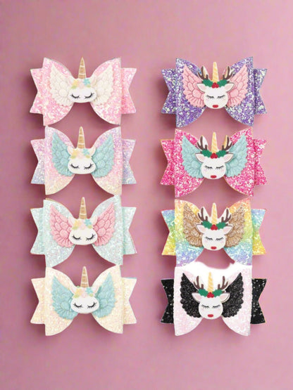 Girls Shiny Glitter Elk Unicorn Hair Bow