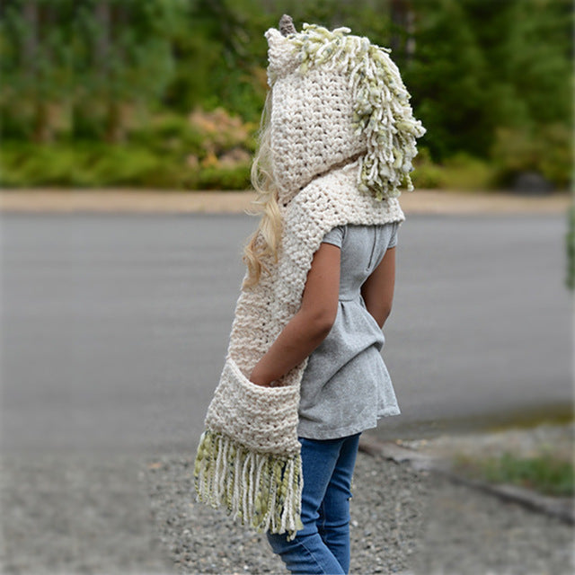Girls Knitted Unicorn Winter Hat Hooded Scarf