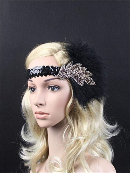 Girls Vintage Feather Sequin Embellished Flapper Headpiece