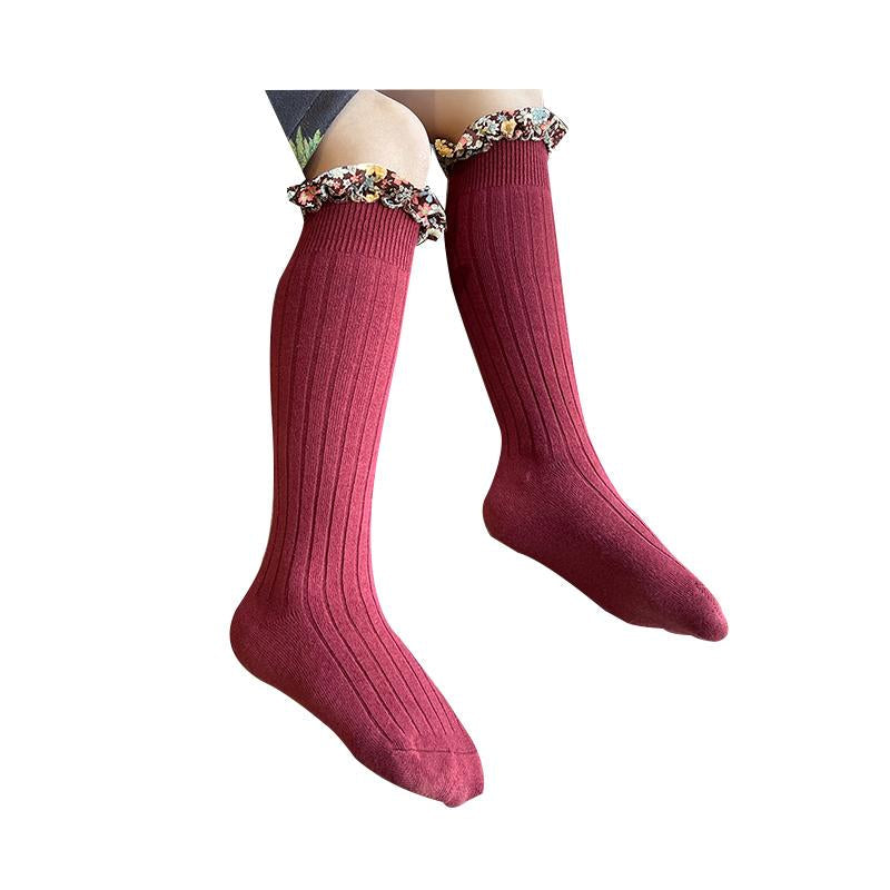 Kid Girl Floral Trim Knee High Socks