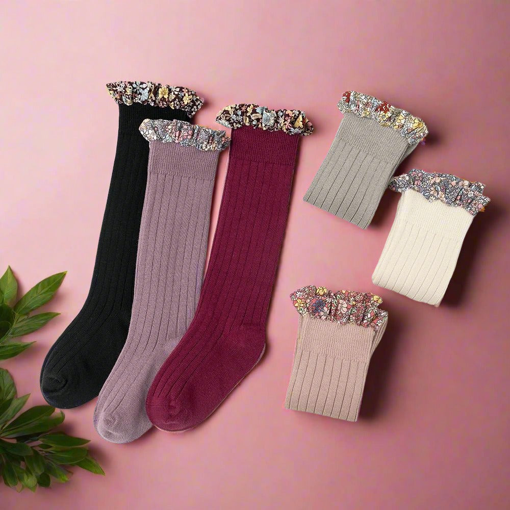 Kid Girl Floral Trim Knee High Socks