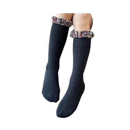 Kid Girl Floral Trim Knee High Socks