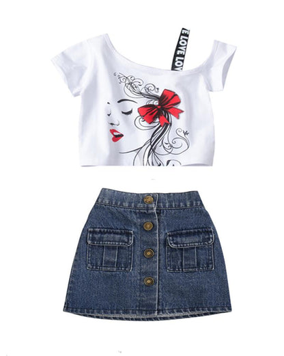 Shoulder diagonal collar short sleeve T-shirt denim skirt 2-piece set
