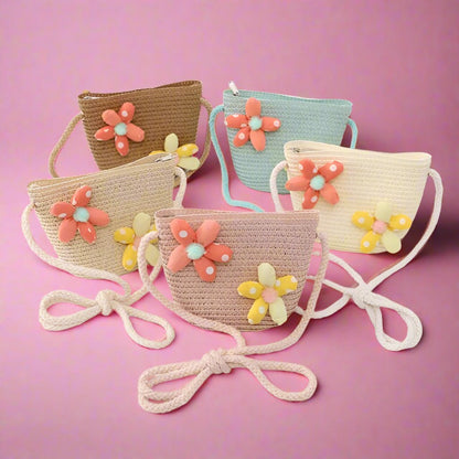 Trendy Flower Streamer Children's Straw Hat Bag Set