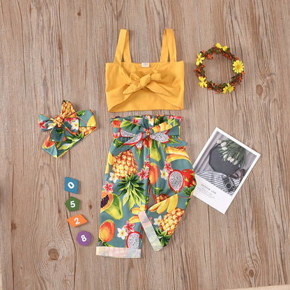 Suspender fruit printed pants hair accessories set