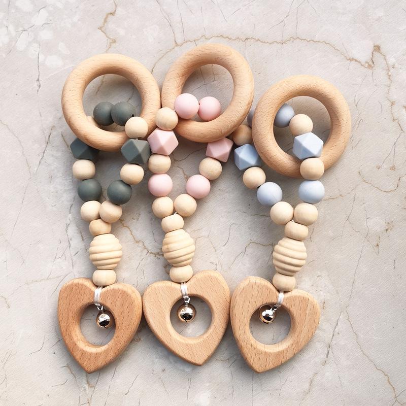 Hand-made Silicone Beech Wood Baby Teether Toy with Bell