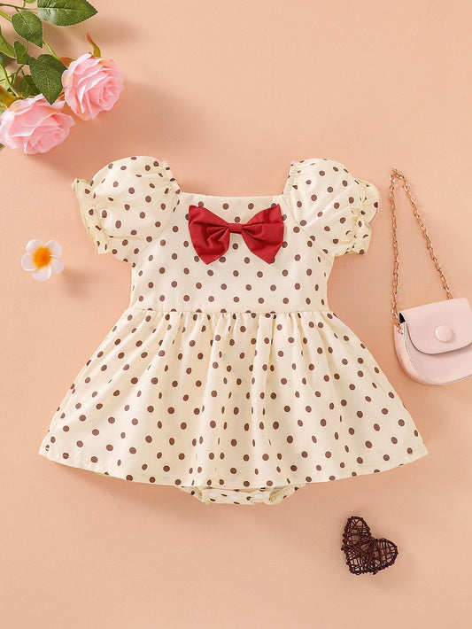 Wave point bubble sleeve bow Baby Dress