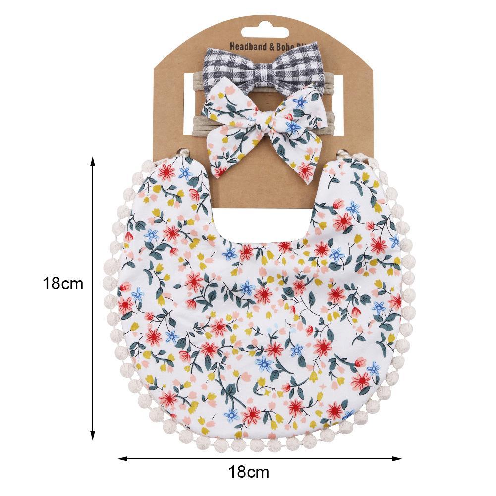 Plaid Printed Baby Triangle Towel Bib Headband Set