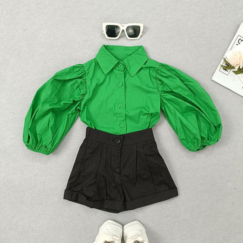 Girls Shirt Long Sleeve Lantern Sleeve Shorts Set