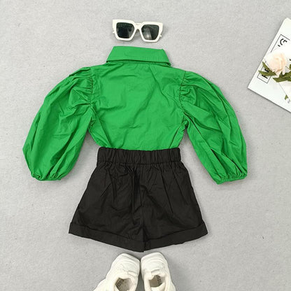Girls Shirt Long Sleeve Lantern Sleeve Shorts Set