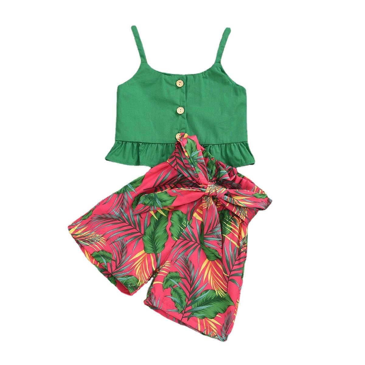 Suspender plant printed bow waist closing Shorts Set