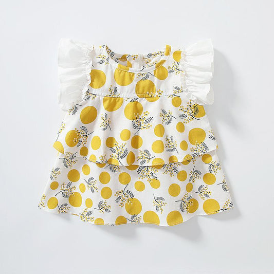 Wave dot printing fly sleeve bow knot cool summer girls lovely skirt two piece set