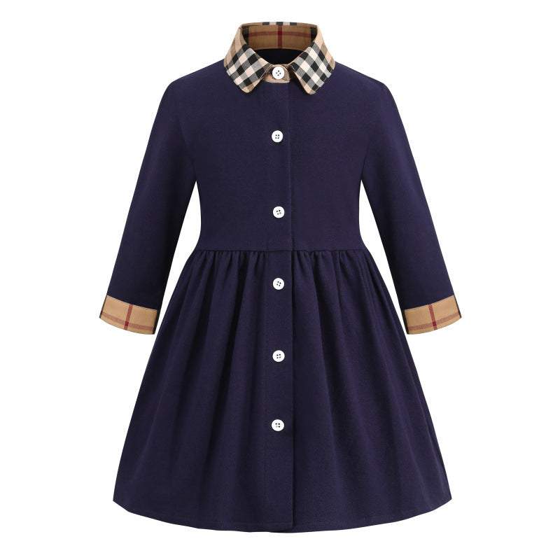 Children's Lapel Plaid Contrast Long Sleeve Cotton Dress