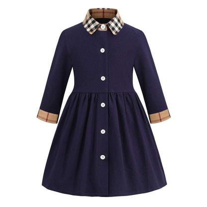 Children's Lapel Plaid Contrast Long Sleeve Cotton Dress