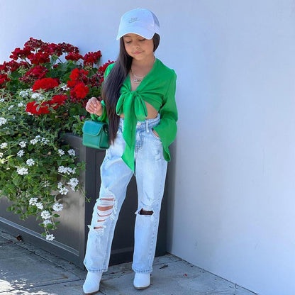 Bow Lace-up Solid Color Short Long Sleeve Top
