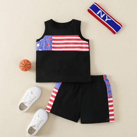 Striped vest Capri Pants hair band three piece set