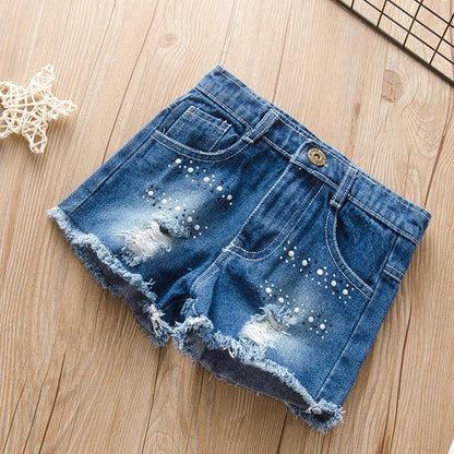 Sleeveless one shoulder Strapless Top + jeans hole shorts three piece suit + bow