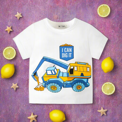 Children cartoon car short sleeve T-shirt excavator print top