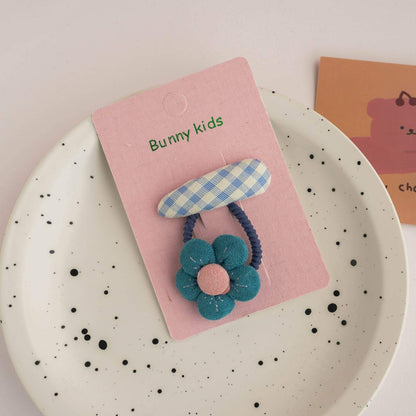 Children's Plaid Hairpin Fabric Hair Ring Set