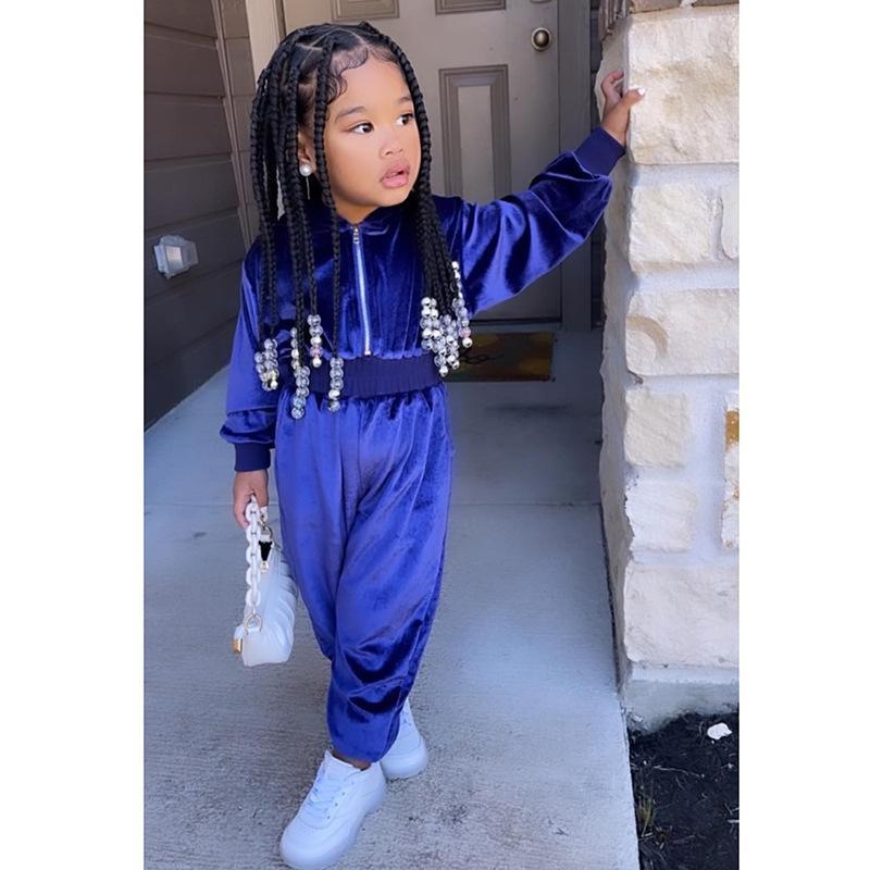 Girl's Gold Velvet Long Sleeve Jacket Jacket Two-Piece Set