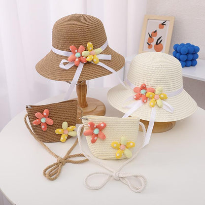 Trendy Flower Streamer Children's Straw Hat Bag Set