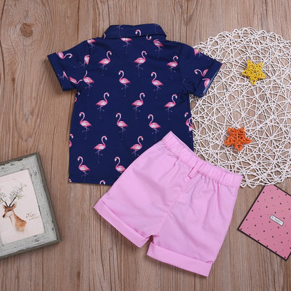 Boys' printed short sleeved Lapel shirt Shorts Set