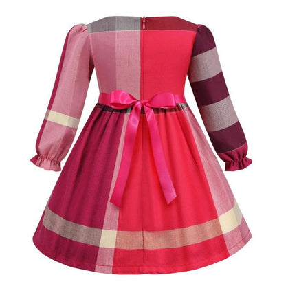 Children's Lapel Double-breasted Long Sleeve Plaid Dress