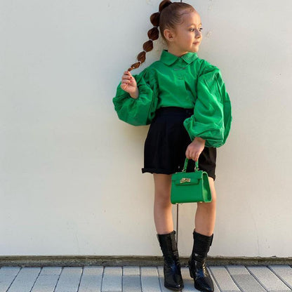 Girls Shirt Long Sleeve Lantern Sleeve Shorts Set