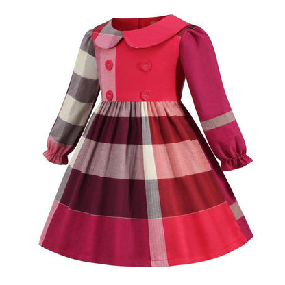 Children's Lapel Double-breasted Long Sleeve Plaid Dress
