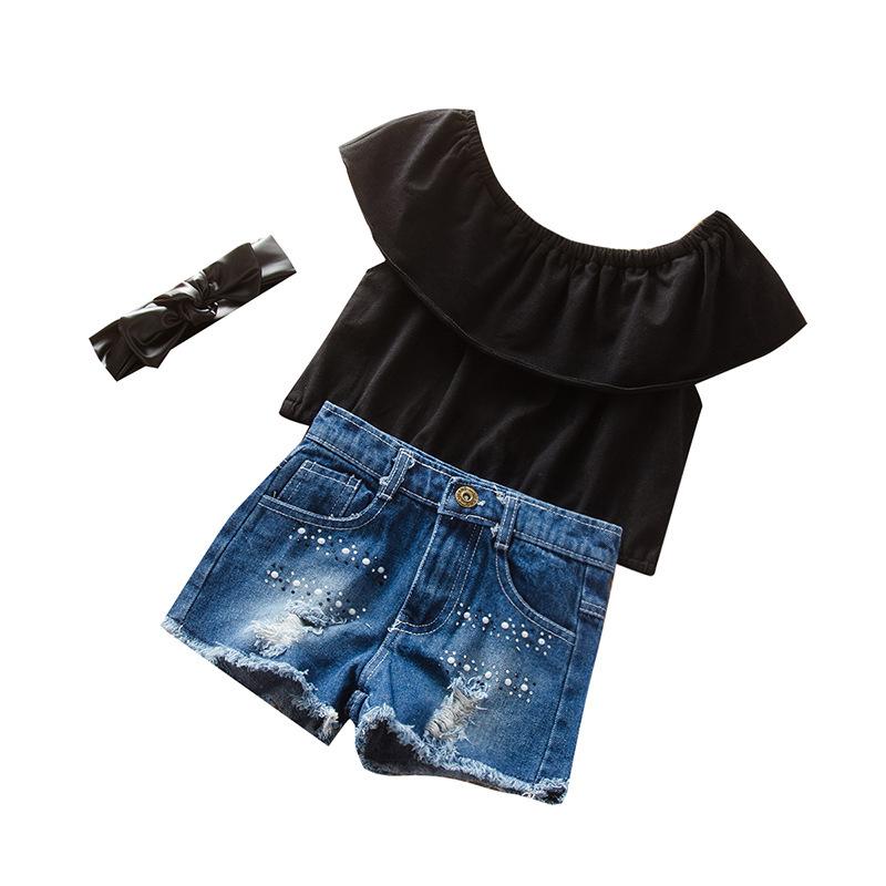 Sleeveless one shoulder Strapless Top + jeans hole shorts three piece suit + bow