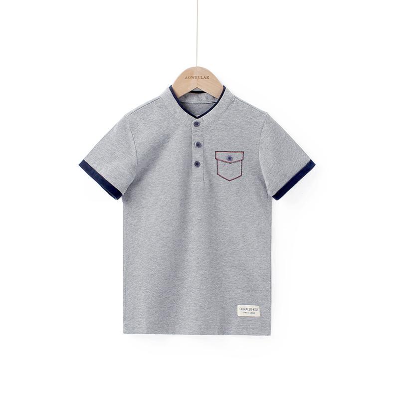 Small and medium-sized children's stand collar open chest short sleeve T-shirt boys' cotton top