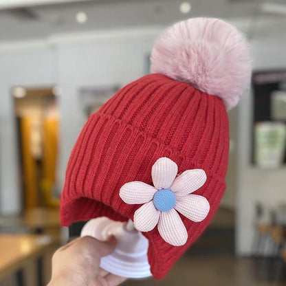 Children's Warm Thickened Knitted Flower Hat Scarf Suit